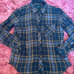 Rails: Hunter button down. Black, brown, metallic thread plaid. Size S.